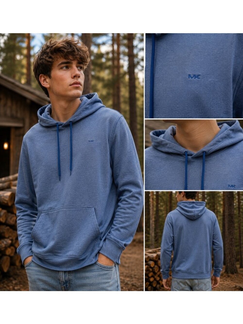 Michael Kors Mens Blue Hoodie With Kangaroo Pocket Drawstring Hood And MK Logo -